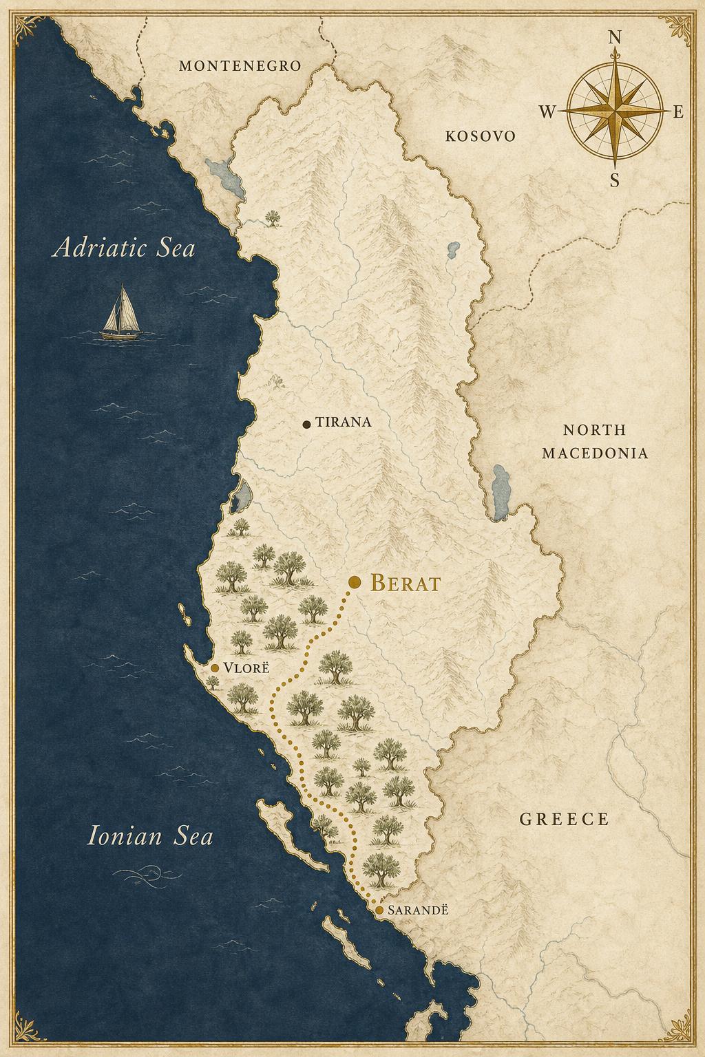 Kaart van Albanië met olijfgaarden van Berat tot de Ionische kust
